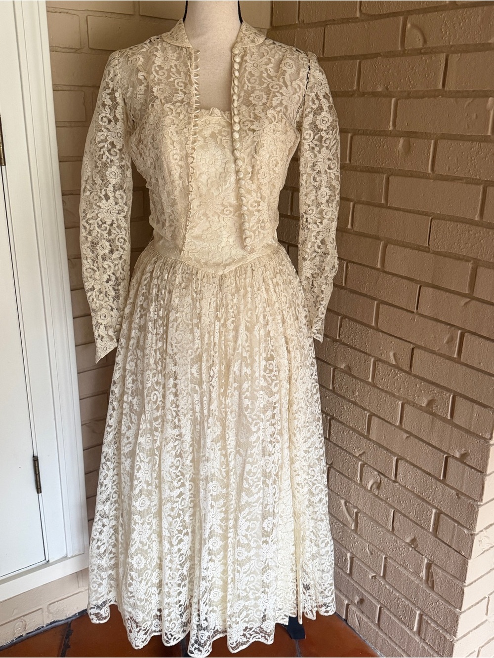 Vintage 50s Lace Tea Length Wedding Dress Grace Kelly Bridal Gown Set Jacket